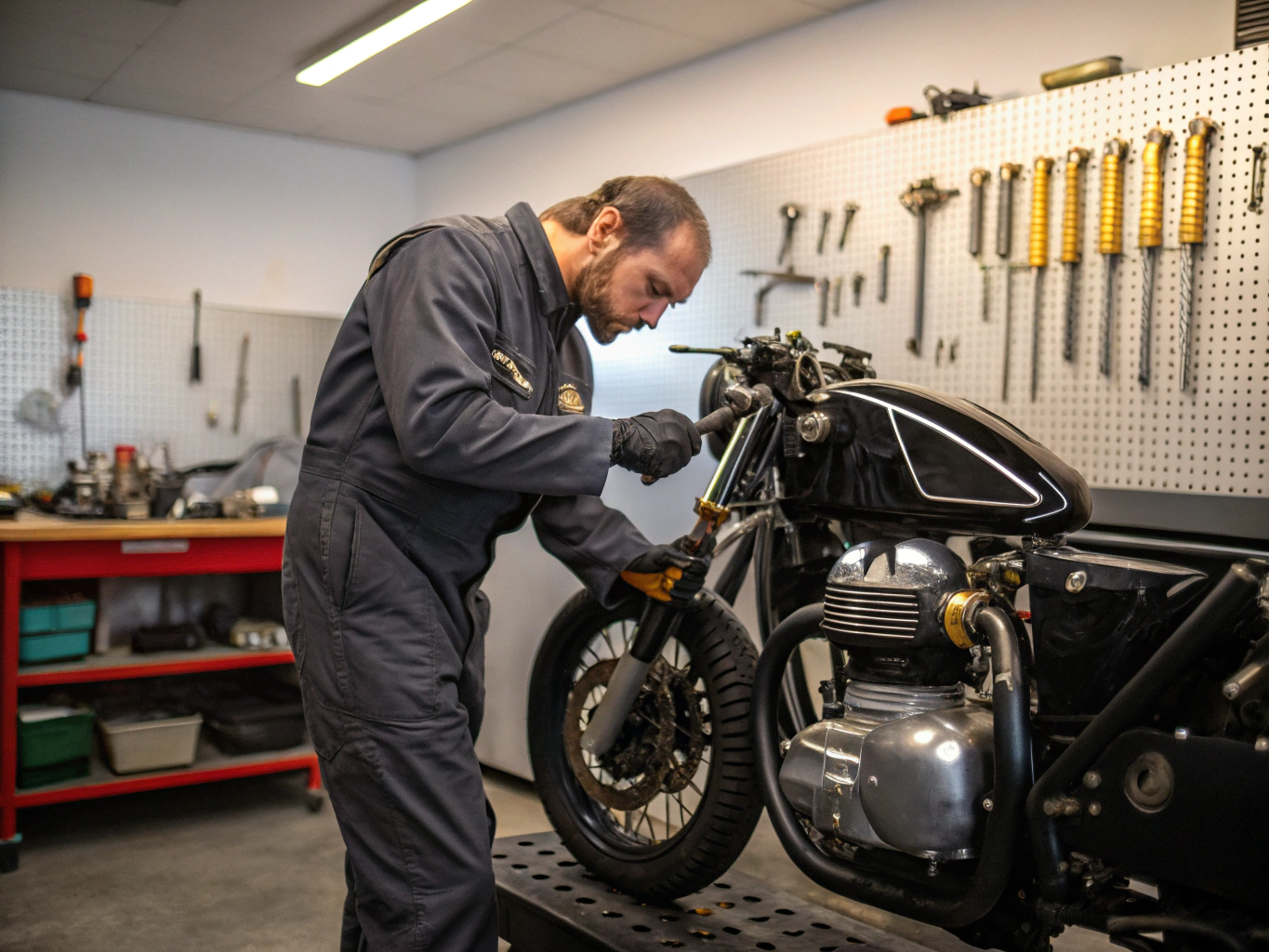 Mecánico profesional revisando el motor de una motocicleta de alta gama