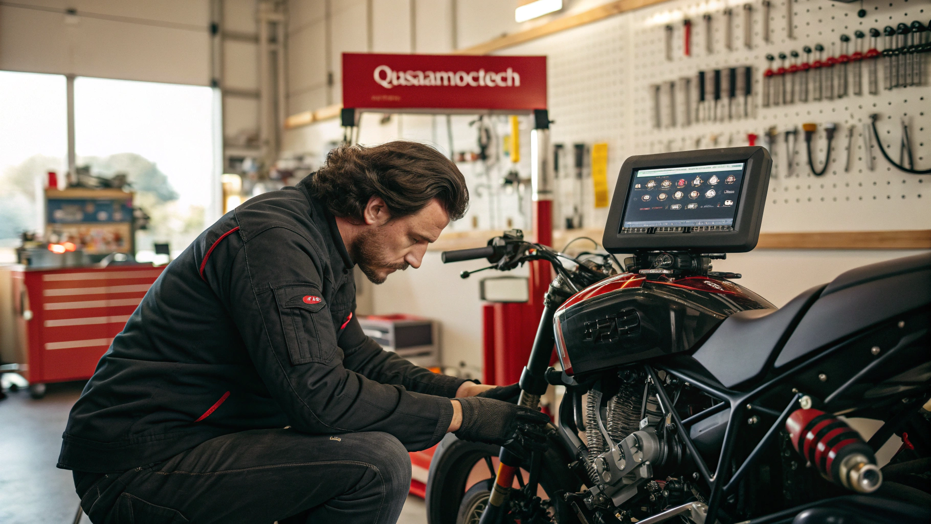 Mecánico profesional realizando una revisión técnica detallada en una motocicleta de alta gama
