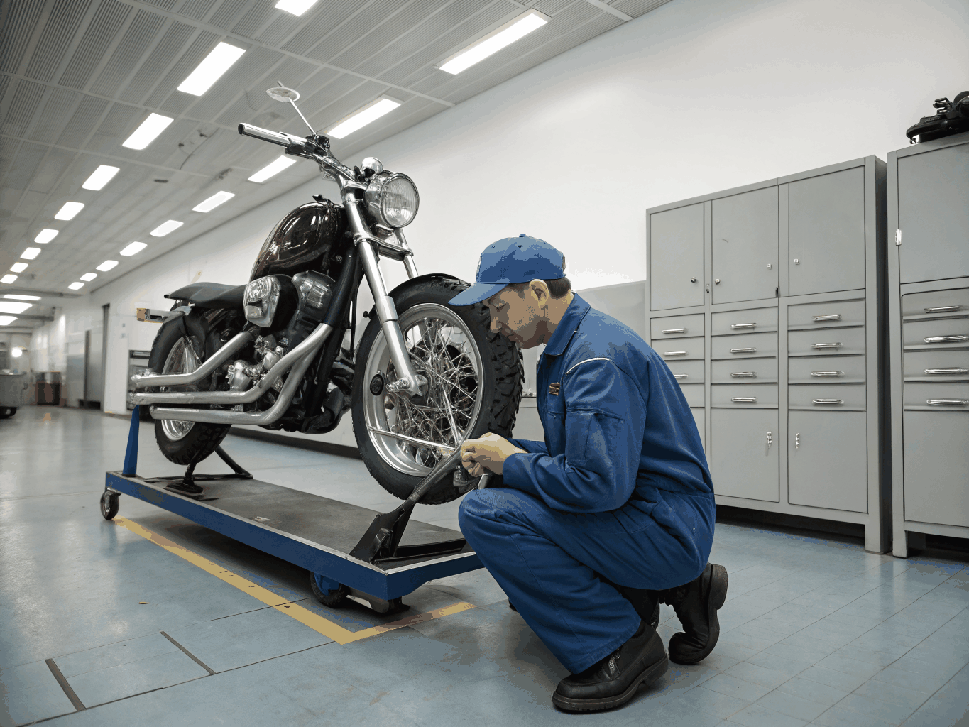 Mecánico revisando motor de motocicleta